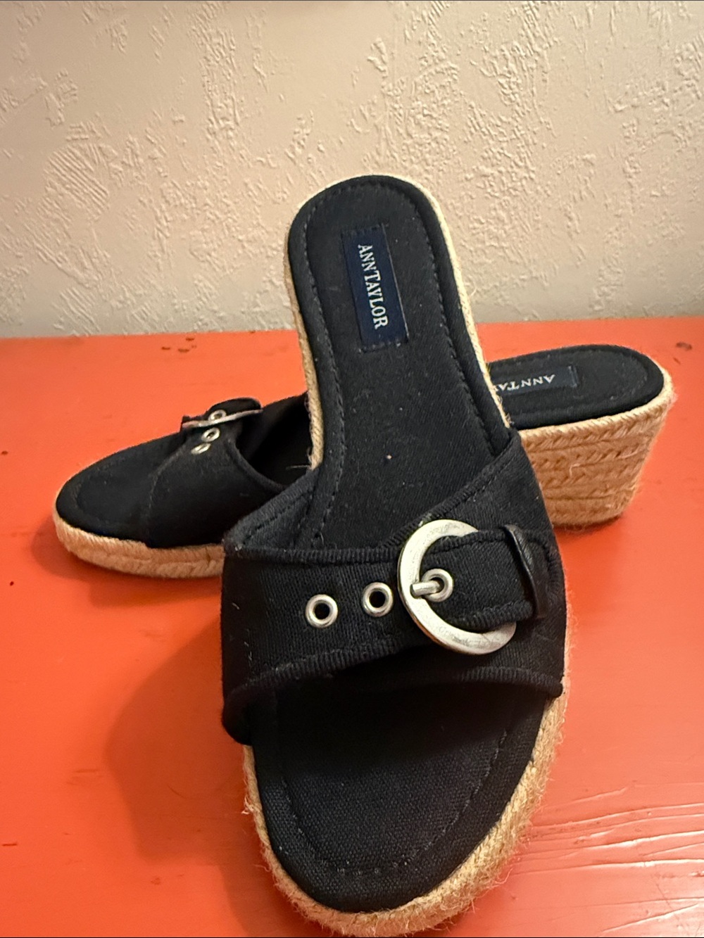 Ann Taylor Camille Black Espadrille Slide Mules with Buckle Accent size 7